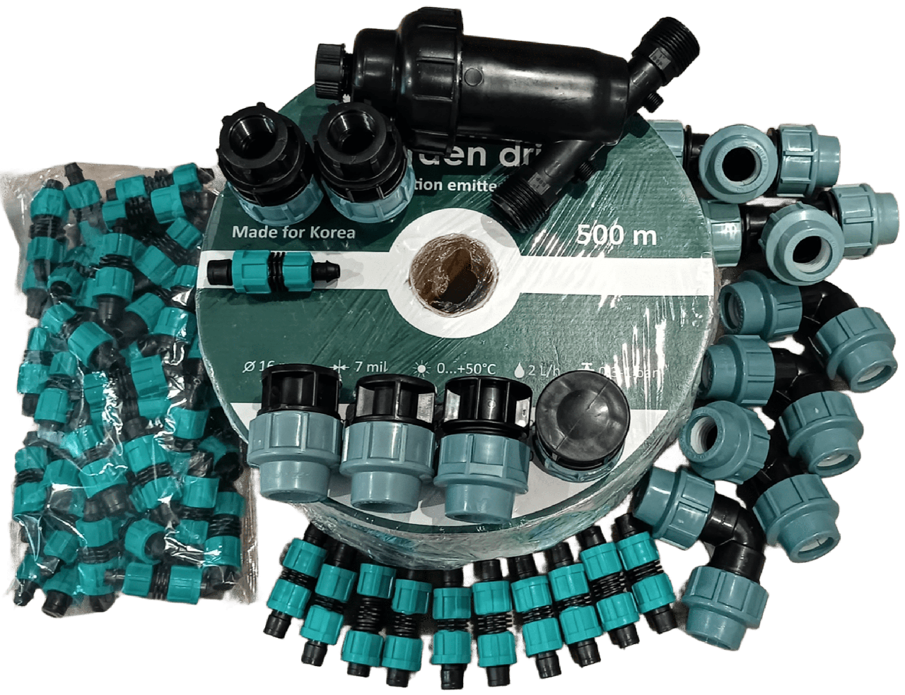 Набір крапельного поливу "Садівник 500+" до 1 сотки. + Комплект підключення на 32 ПЕ трубу