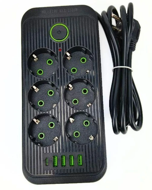 Мережевий фільтр 2 метри 6 розеток + 4 USB+Type-C чорний LS-B7F06U, фото 1