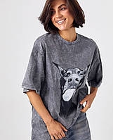 Футболка принт доберман Тай -дай сіра подовжена жіноча футболка оверсайз варенка