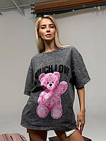 Футболка жіноча тай-дай стиль накат принт ведмедик бренд оверсайз