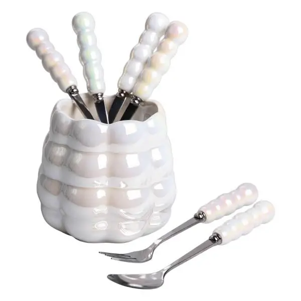 Набір виделок і ложок десертних з підставкою з кераміки 7 предметів на 3 персони Перламутровий Lugi, фото 1