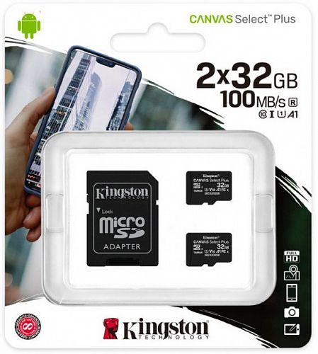 Карта пам'яті MicroSDHC 2x32GB UHS-I Class 10 Kingston Canvas Select Plus R100MB/s + SD-адаптер (SDC