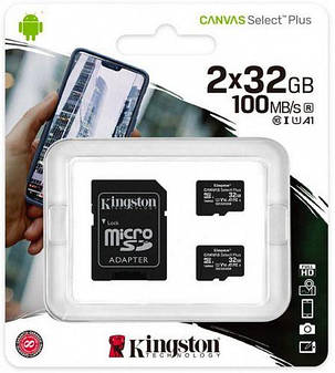 Карта пам'яті MicroSDHC 2x32GB UHS-I Class 10 Kingston Canvas Select Plus R100MB/s + SD-адаптер (SDC, фото 1