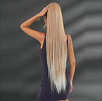 Штучний хвіст прямий шиньйон з утяжкою пшеничний блонд омбре у білий блонд густий 98 см