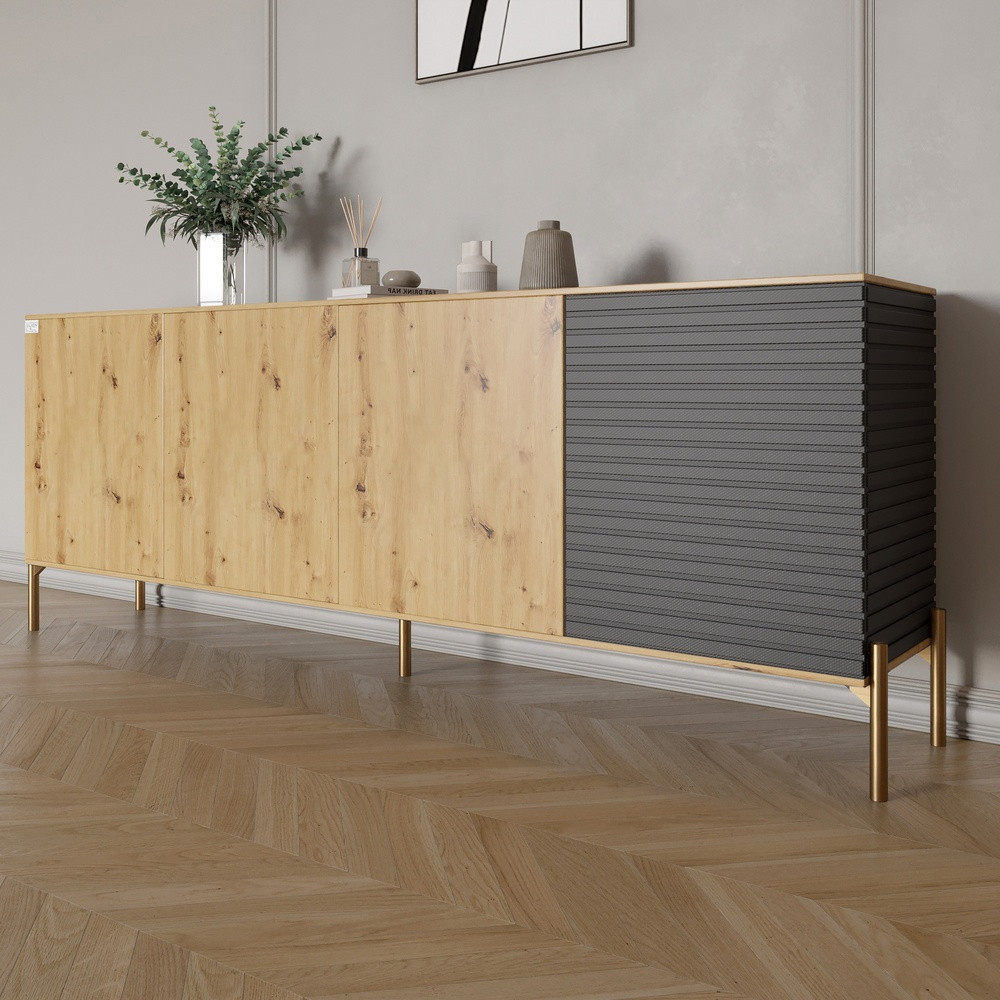 Комод на золотих металевих ніжках LION Грей 204x38x76,5 см Дуб Артизан/Асфальт (LION-042671), фото 1