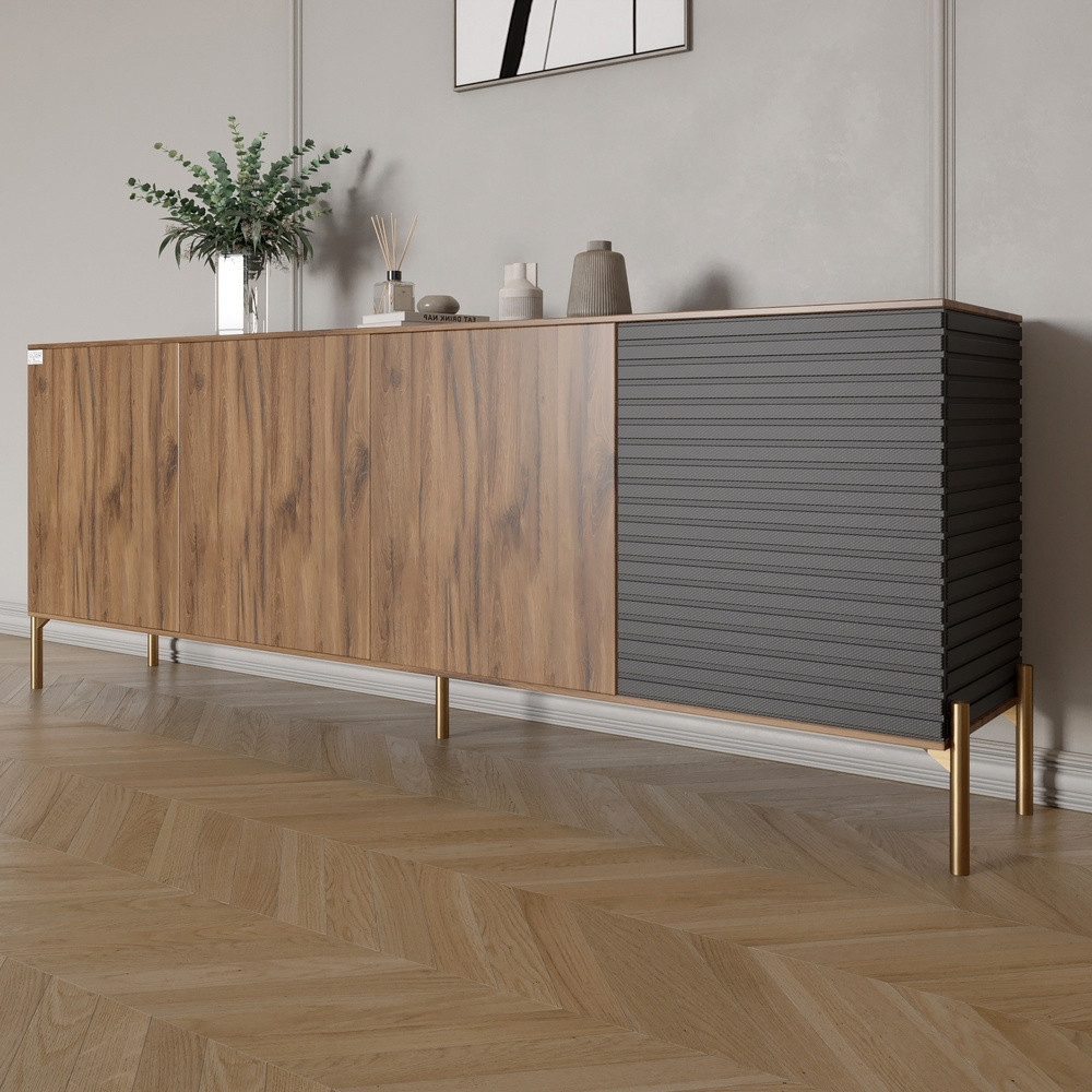 Комод на золотих металевих ніжках LION Грей 204x38x76,5 см Дуб Ліворно/Асфальт (LION-042675), фото 1