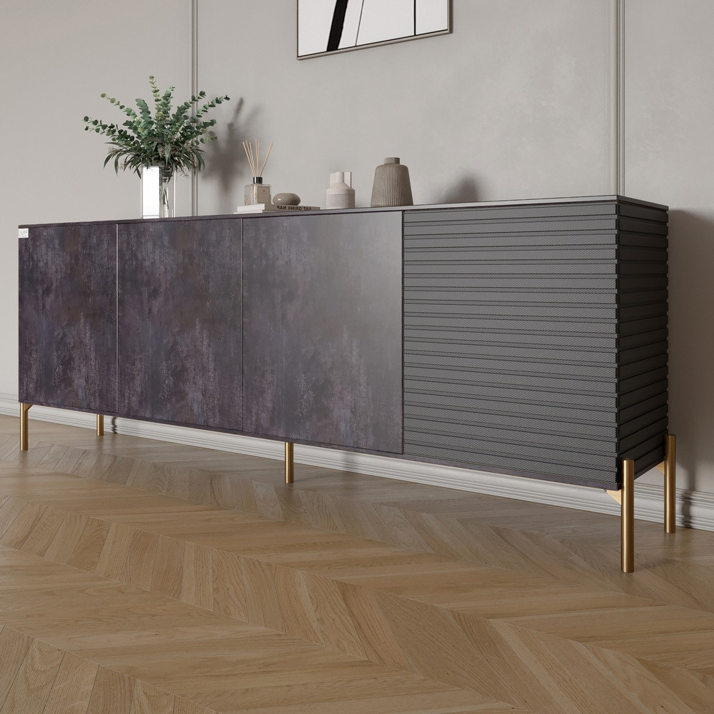 Комод на золотих металевих ніжках LION Грей 204x38x76,5 см Бетон темний/Асфальт (LION-042677), фото 1