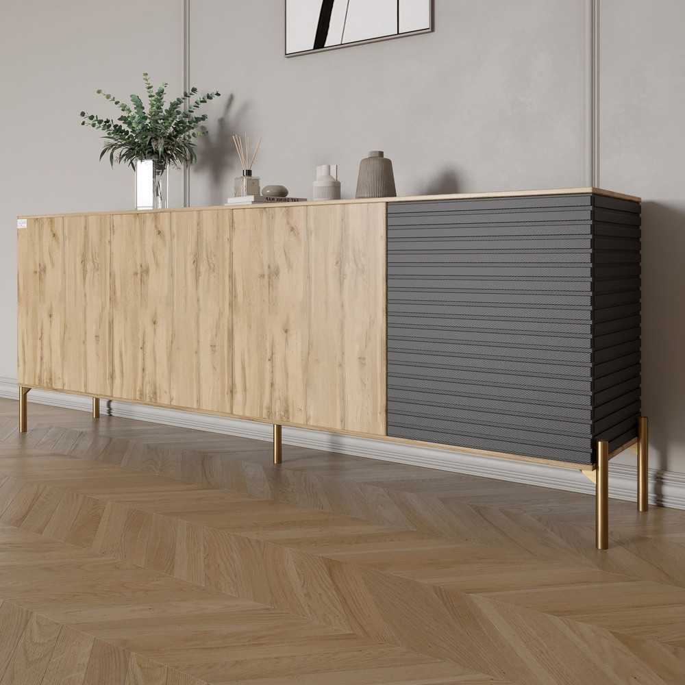 Комод на золотих металевих ніжках LION Грей 204x38x76,5 см Дуб Аппалачі/Асфальт (LION-042680), фото 1
