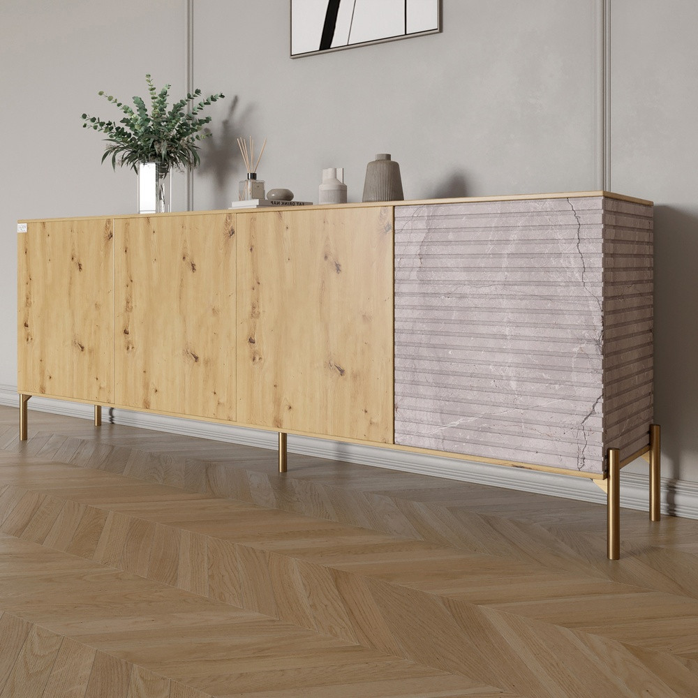 Комод на золотих металевих ніжках LION Грей 204x38x76,5 см Дуб Артизан/Камінь (LION-042685), фото 1