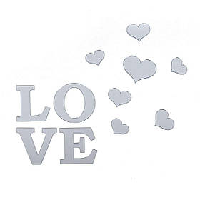 Дзеркальний декор акриловий набір 11шт, самоклеючі декоративні фігурні дзеркальні наклейки, Love срібло