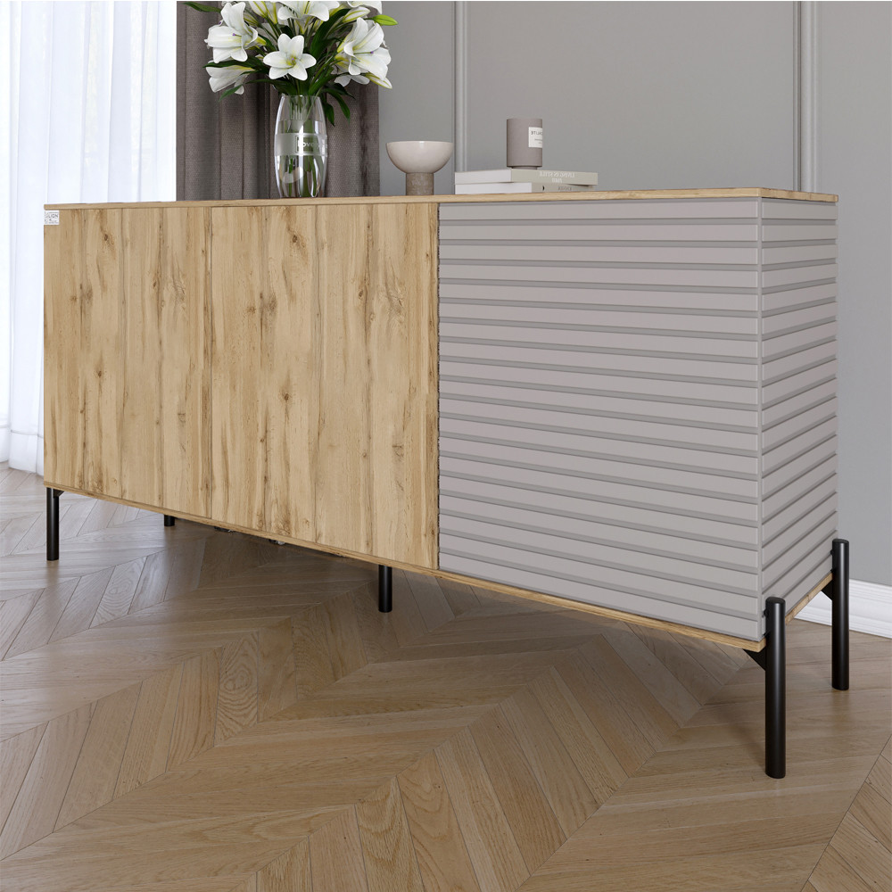 Комод закритий у вітальню на чорних металевих ніжках LION Грей 154x38x76,5 см Дуб Аппалачі/Кашемір (LION-041808), фото 1