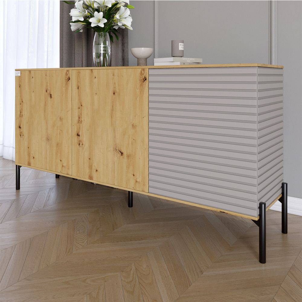 Комод закритий у вітальню на чорних металевих ніжках LION Грей 154x38x76,5 см Дуб Артизан/Кашемір (LION-041809), фото 1