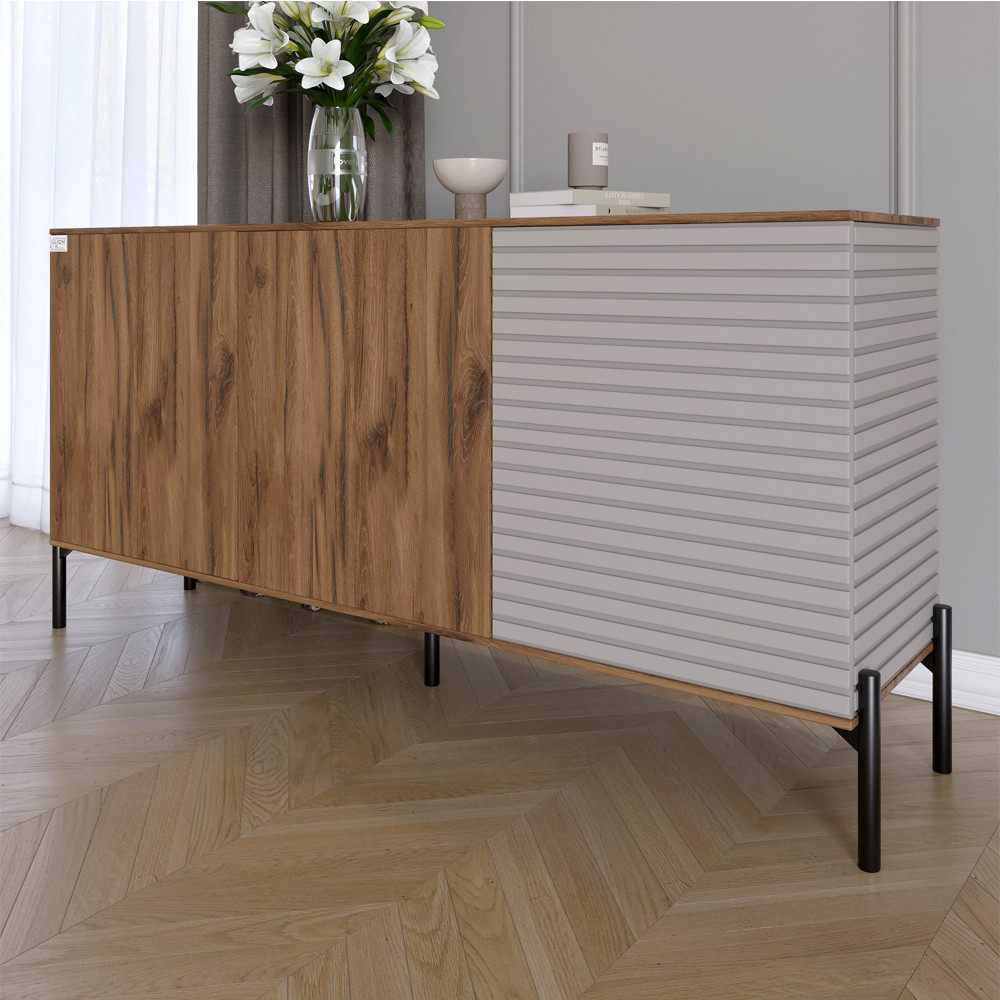 Комод закритий у вітальню на чорних металевих ніжках LION Грей 154x38x76,5 см Дуб Ліворно/Кашемір (LION-041810), фото 1