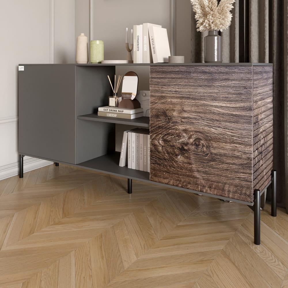 Комод відкритий на чорних металевих ніжках LION Грей Антрацит/Дерево (LION-042756), фото 1