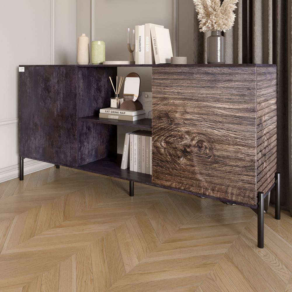 Комод відкритий на чорних металевих ніжках LION Грей Бетон темний/Дерево (LION-042759), фото 1
