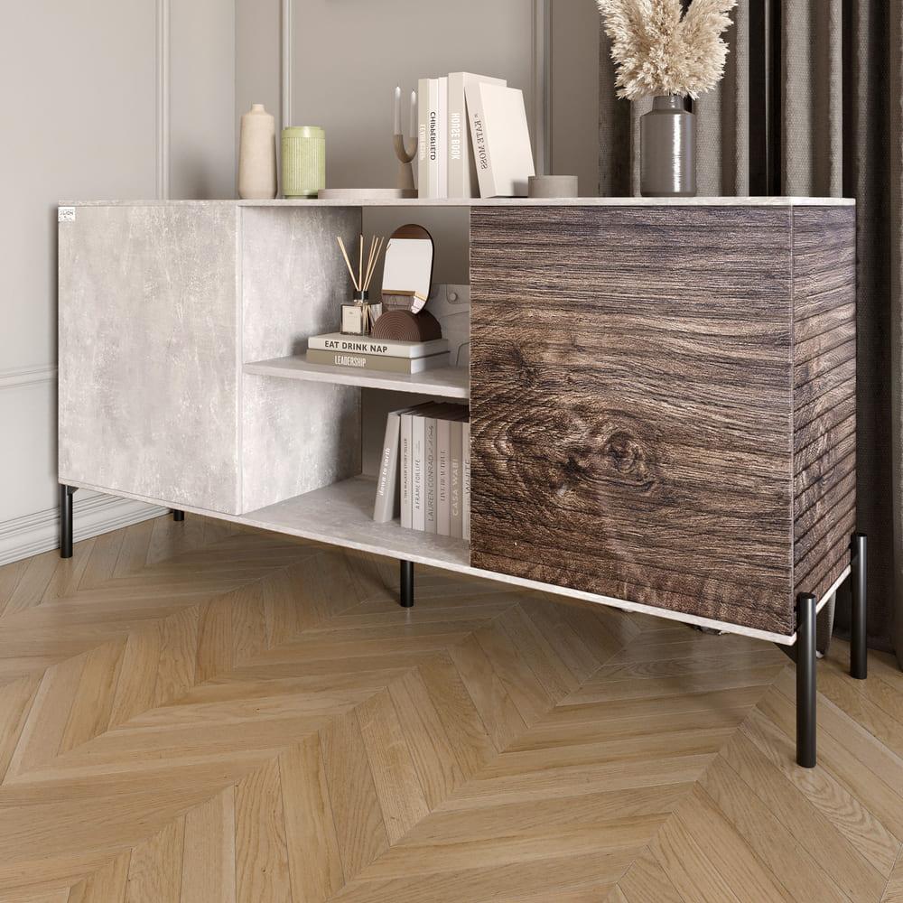 Комод відкритий на чорних металевих ніжках LION Грей Бетон/Дерево (LION-042760), фото 1