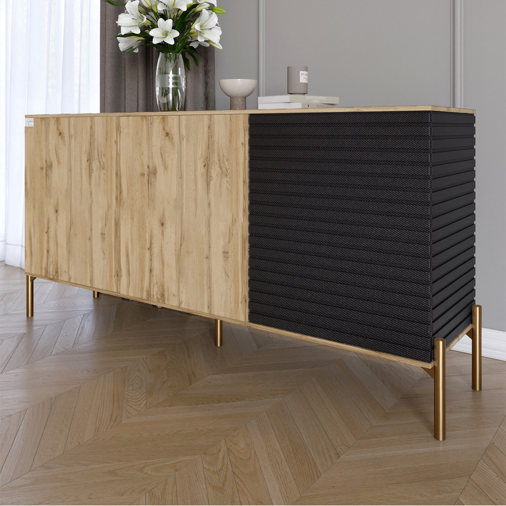 Комод закритий у вітальню на золотих металевих ніжках LION Грей 154x38x76,5 см Дуб Аппалачі/Асфальт (LION-041823), фото 1