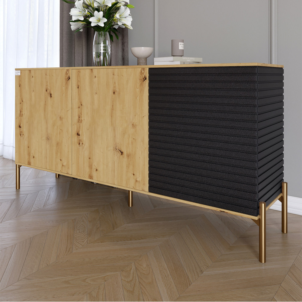 Комод закритий у вітальню на золотих металевих ніжках LION Грей 154x38x76,5 см Дуб Артизан/Асфальт (LION-041824), фото 1
