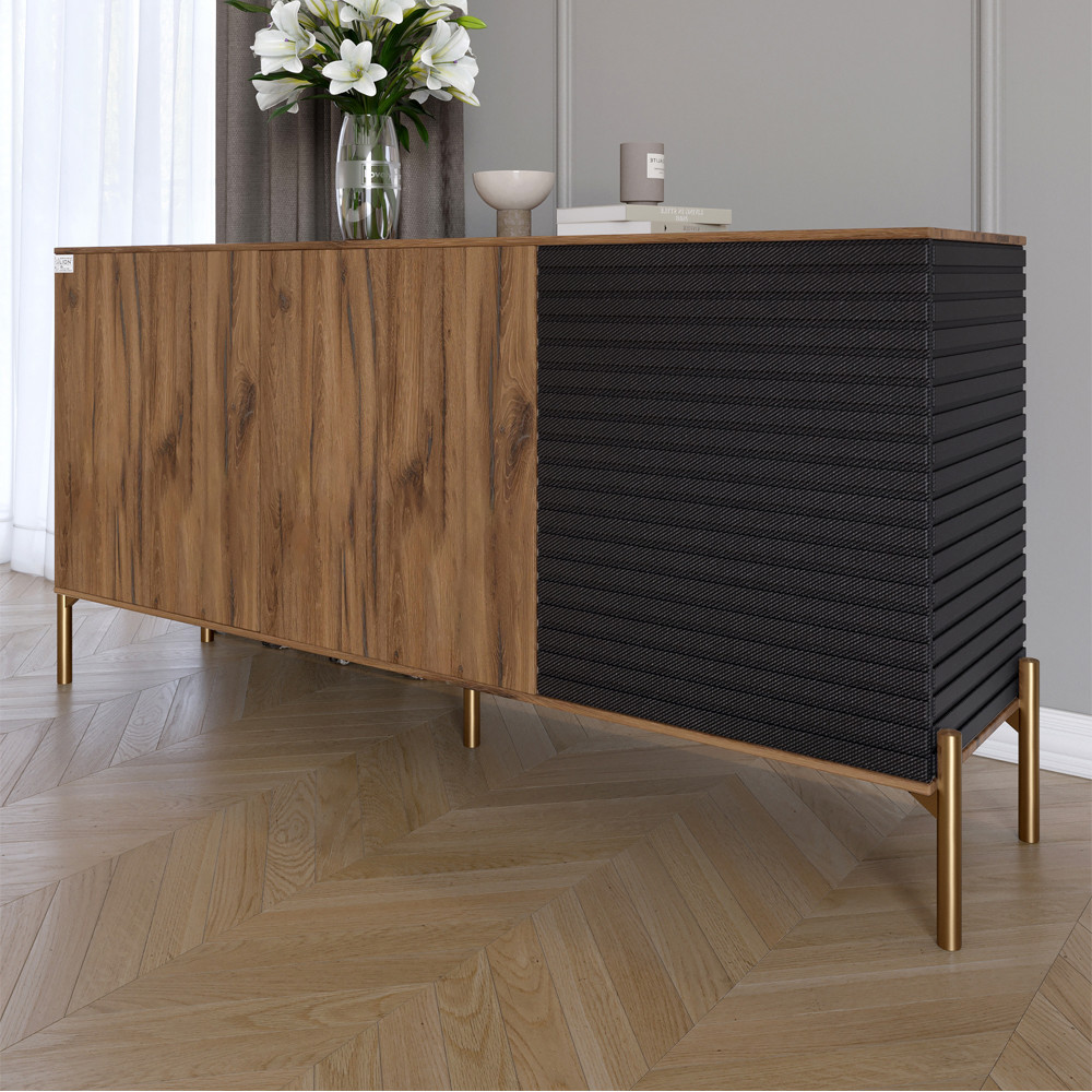 Комод закритий у вітальню на золотих металевих ніжках LION Грей 154x38x76,5 см Дуб Ліворно/Асфальт (LION-041825), фото 1