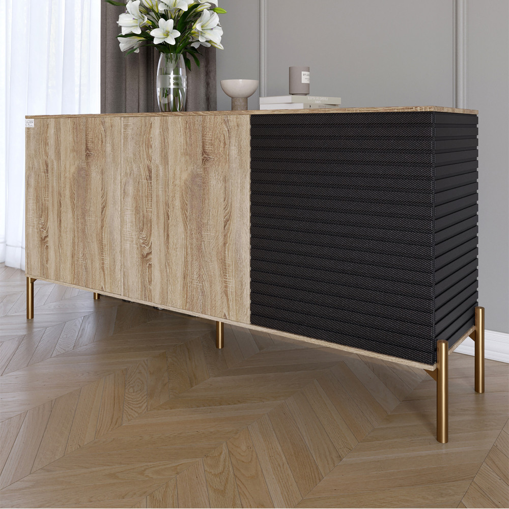 Комод закритий у вітальню на золотих металевих ніжках LION Грей 154x38x76,5 см Дуб сонома трюфель/Асфальт (LION-041826), фото 1