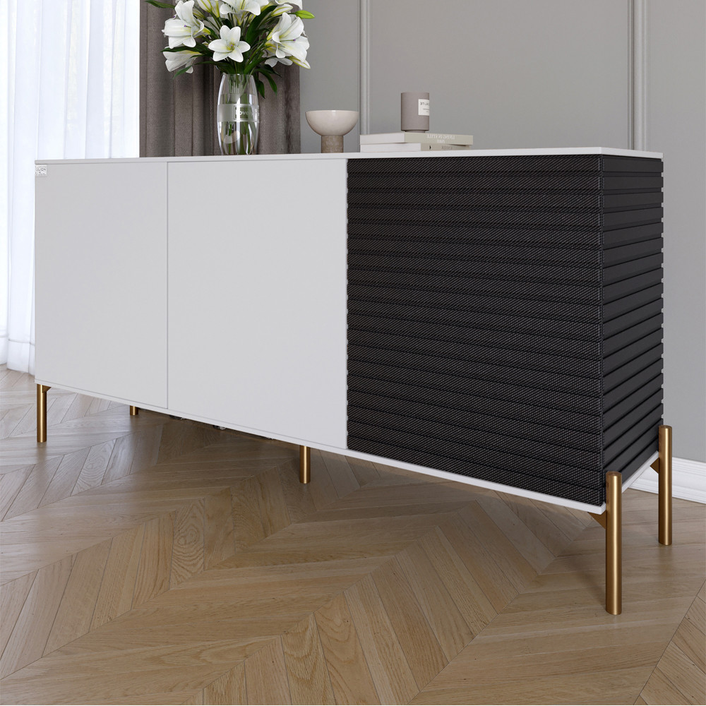 Комод закритий у вітальню на золотих металевих ніжках LION Грей 154x38x76,5 см Німфея Альба (білий)/Асфальт (LION-041829), фото 1