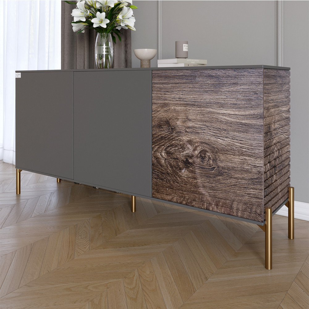 Комод закритий у вітальню на золотих металевих ніжках LION Грей 154x38x76,5 см Антрацит/Дерево (LION-041833), фото 1