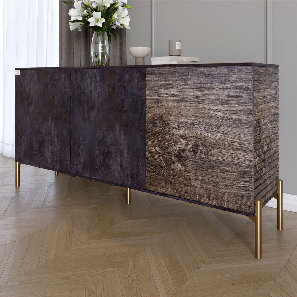 Комод закритий у вітальню на золотих металевих ніжках LION Грей 154x38x76,5 см Бетон темний/Дерево (LION-041835), фото 1
