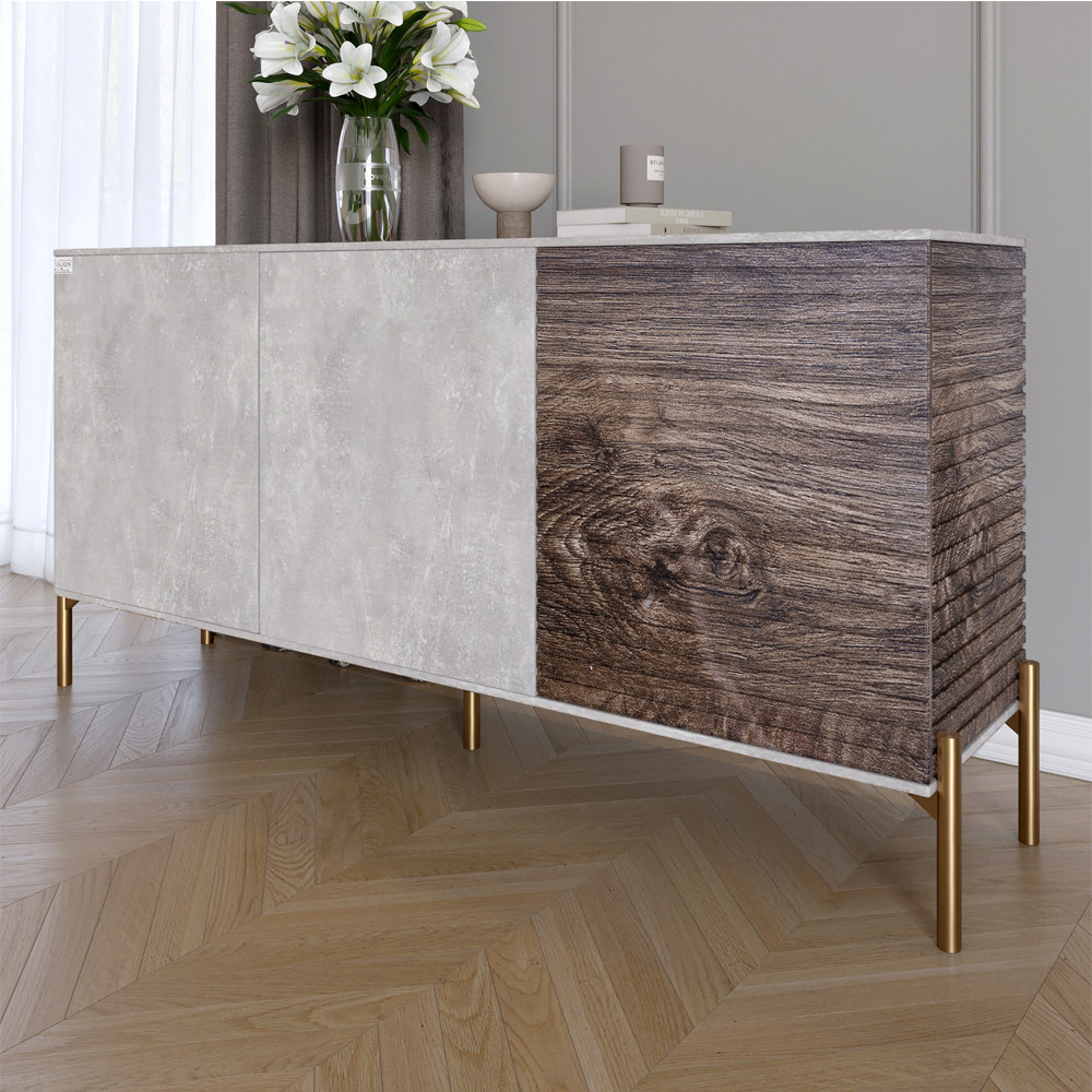 Комод закритий у вітальню на золотих металевих ніжках LION Грей 154x38x76,5 см Бетон/Дерево (LION-041836), фото 1