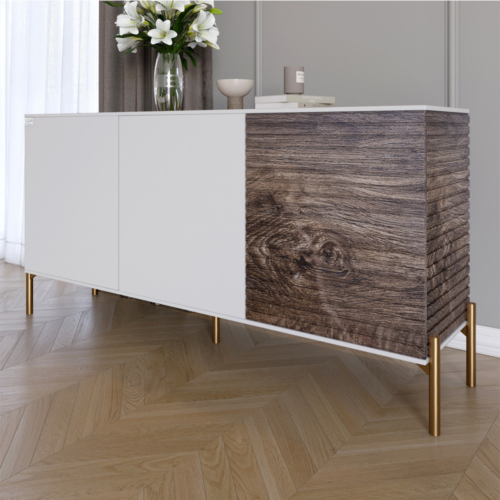 Комод закритий у вітальню на золотих металевих ніжках LION Грей 154x38x76,5 см Німфея Альба (білий)/Дерево (LION-041844), фото 1