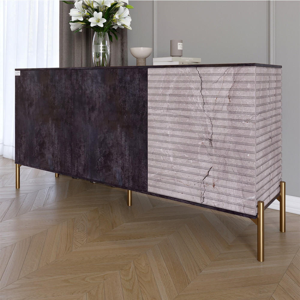 Комод закритий у вітальню на золотих металевих ніжках LION Грей 154x38x76,5 см Бетон темний/Камінь (LION-041850), фото 1