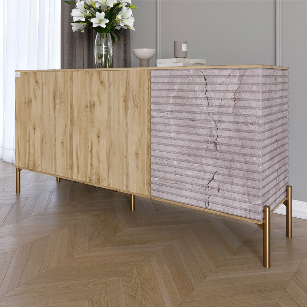 Комод закритий у вітальню на золотих металевих ніжках LION Грей 154x38x76,5 см Дуб Аппалачі/Камінь (LION-041853), фото 1
