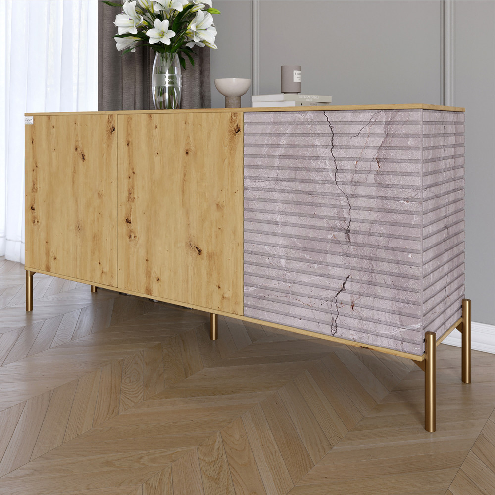 Комод закритий у вітальню на золотих металевих ніжках LION Грей 154x38x76,5 см Дуб Артизан/Камінь (LION-041854), фото 1