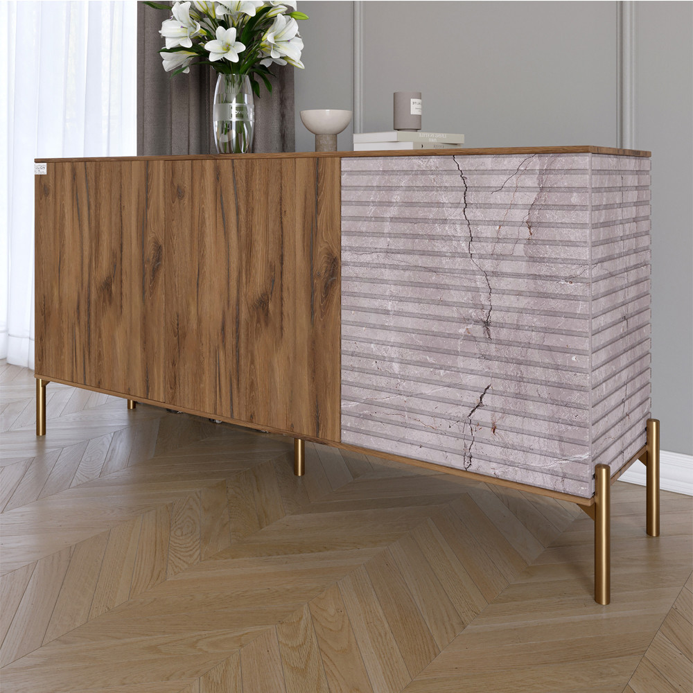 Комод закритий у вітальню на золотих металевих ніжках LION Грей 154x38x76,5 см Дуб Ліворно/Камінь (LION-041855), фото 1