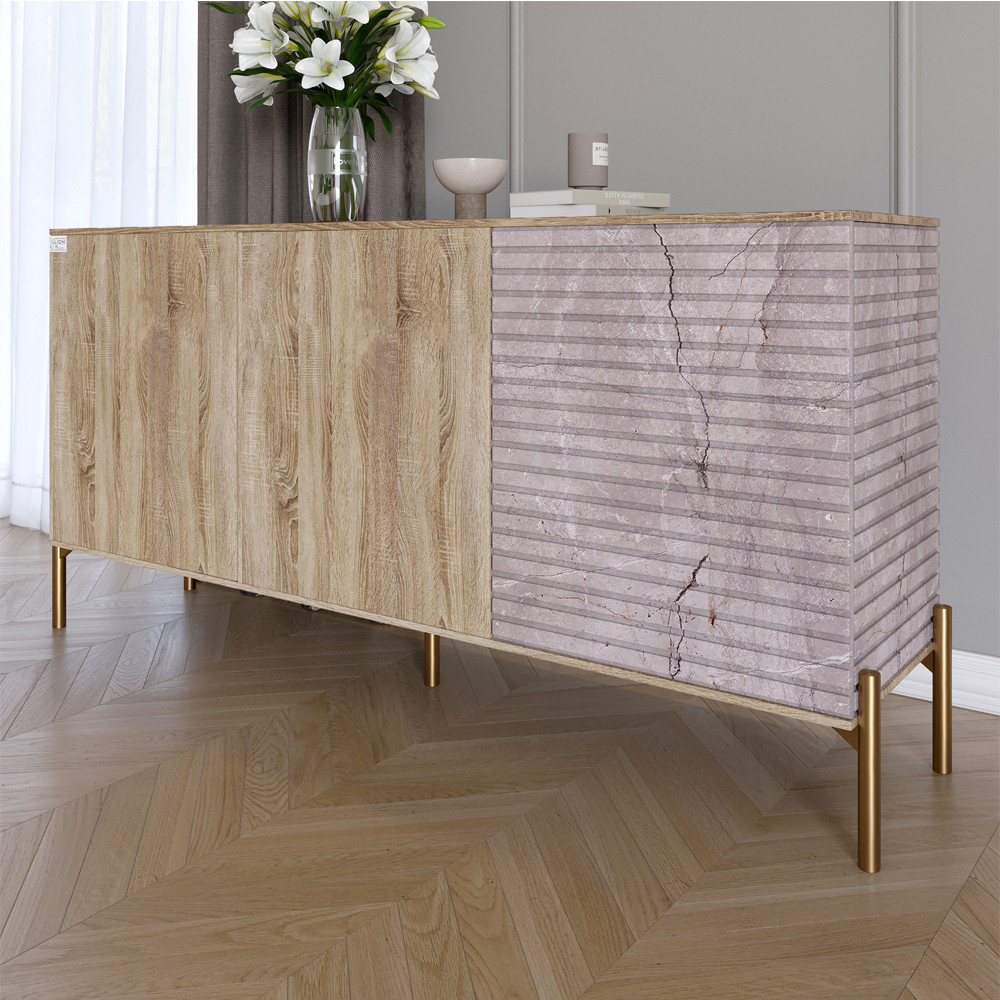 Комод закритий у вітальню на золотих металевих ніжках LION Грей 154x38x76,5 см Дуб сонома трюфель/Камінь (LION-041856), фото 1