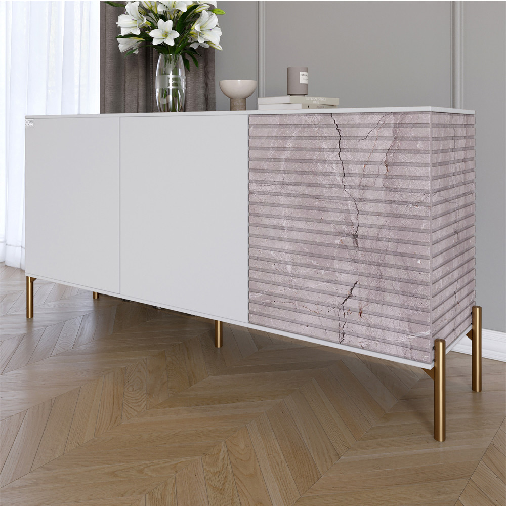 Комод закритий у вітальню на золотих металевих ніжках LION Грей 154x38x76,5 см Німфея Альба (білий)/Камінь (LION-041859), фото 1
