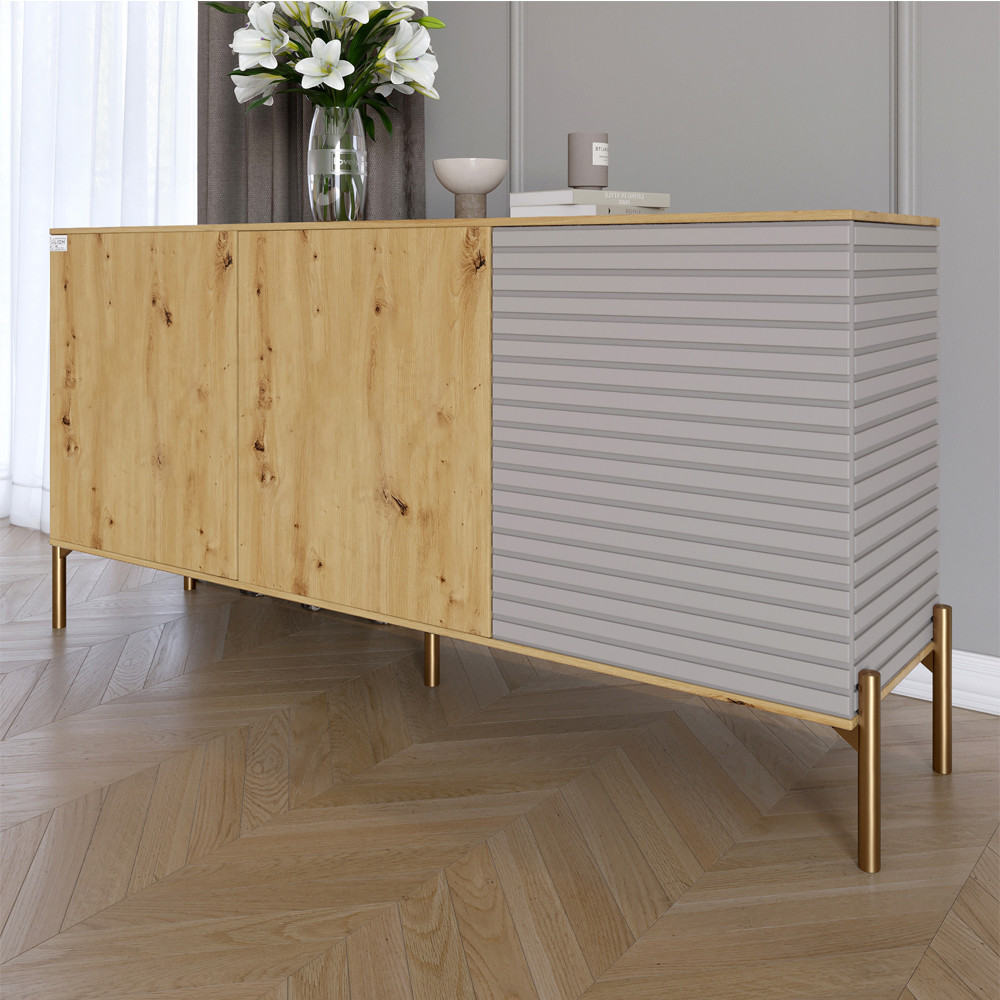 Комод закритий у вітальню на золотих металевих ніжках LION Грей 154x38x76,5 см Дуб Артизан/Кашемір (LION-041869), фото 1