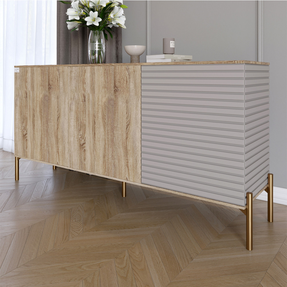 Комод закритий у вітальню на золотих металевих ніжках LION Грей 154x38x76,5 см Дуб сонома трюфель/Кашемір (LION-041871), фото 1