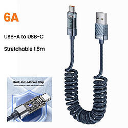 Кабель для заряджання з дисплеєм Toocki (TXC-0A2), пружинний, USB-A – USB-C, 66W, 6A, Blue