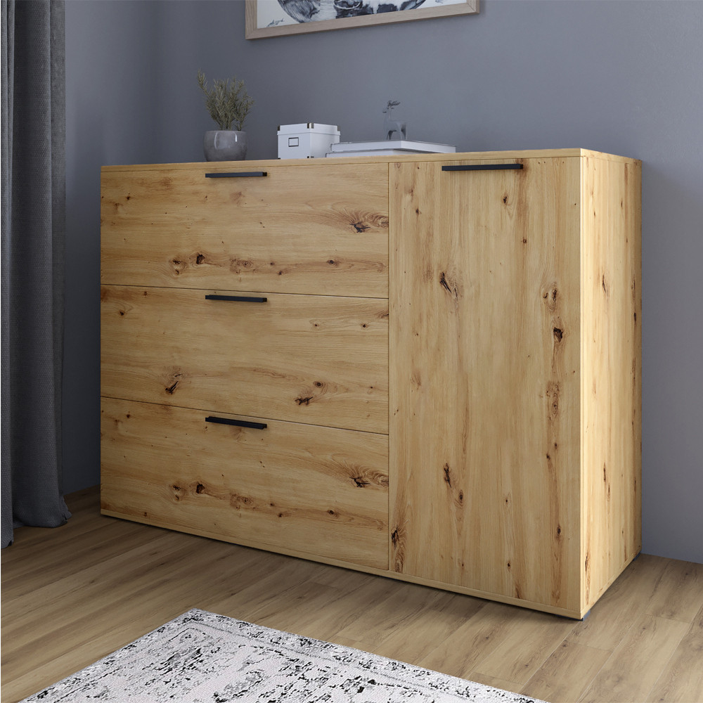 Комод LION Краш з трьома висувними шухлядами та закритими полицями Дуб артизан (LION-044159), фото 1