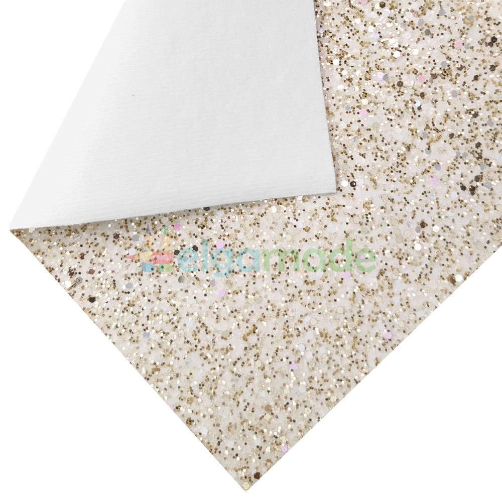 Кожзам з крупними блискітками БЛІДО-МОЛОЧНИЙ з золотом, 20х26 см, Китай, фото 1