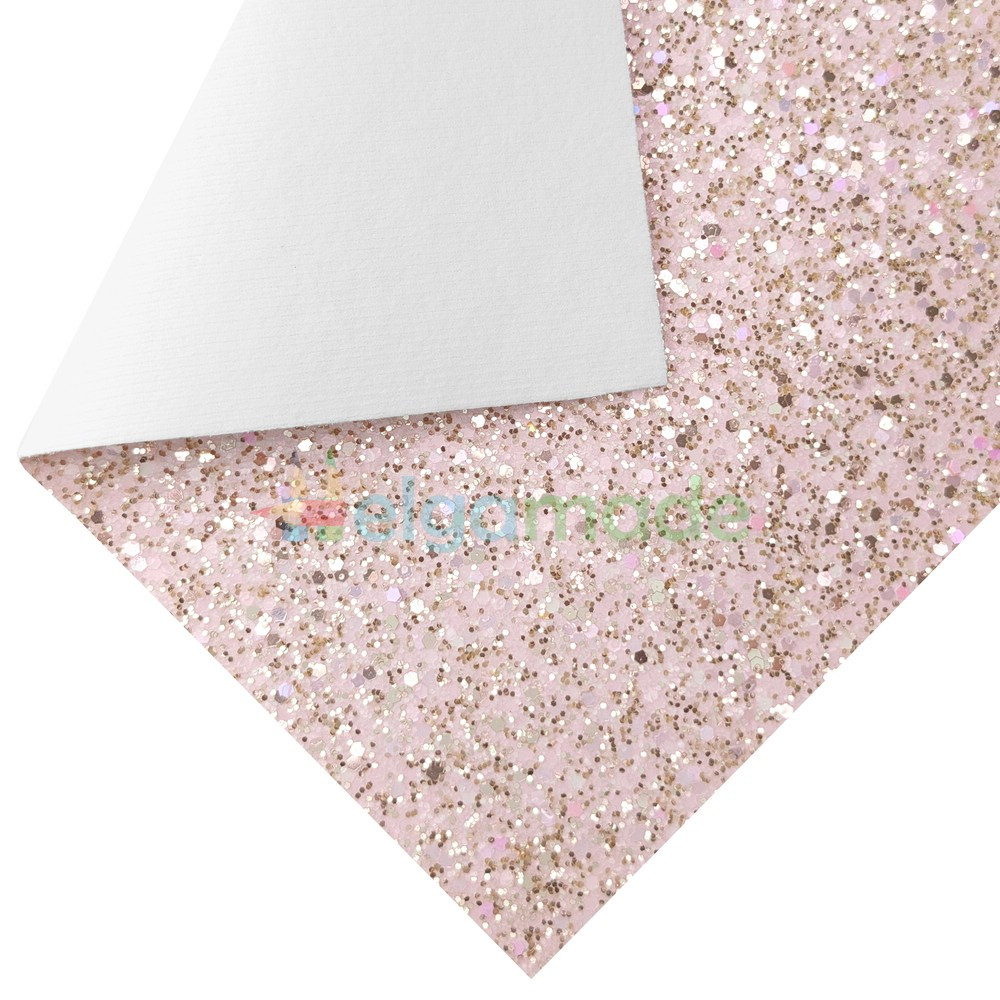 Кожзам з крупними блискітками БЛІДО-РОЖЕВИЙ з золотом, 20х26 см, Китай, фото 1