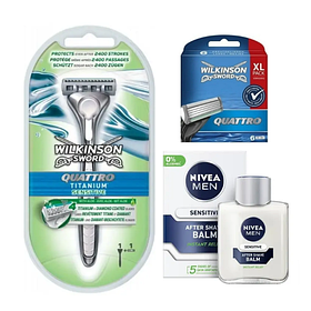 Станок для гоління Wilkinson Sword Quattro Titanium Sensitive + 6 картриджів + Nivea Men Sensitive бальзам після гоління 100 мл