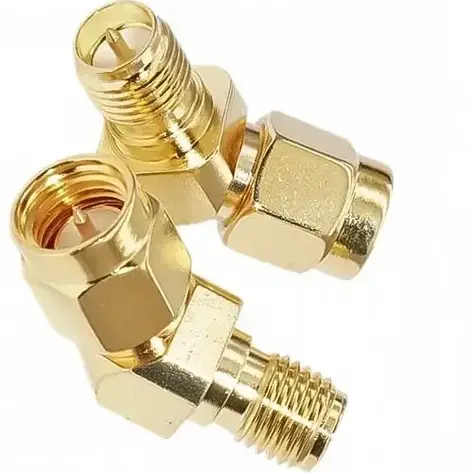 Перехідник гніздо SMA (реверсне) — штекер SMA, кутовий, латунь, фото 1