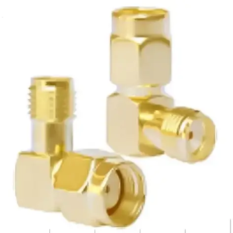 Перехідник штекер SMA (реверсний) — гніздо SMA, кутовий, "позолочений", латунь, фото 1