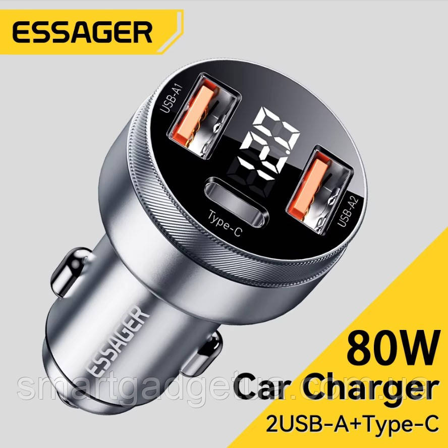 Автомобільний зарядний пристрій Essager(ES-CC10) 80W з дисплеєм / GREY / Car Charger USB-A Type-C, фото 1