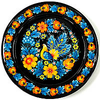 Тарілка сувенірна Петриківський розпис декоративна з дерева малюнок ПТАХ ЖОВТО-БЛАКИТНІ КВІТИ 30см Україна