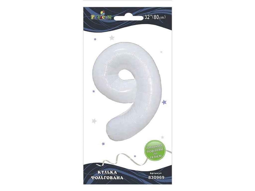 Кулька фольгована цифра 32 (80 см) 9 біла ТМ PELICAN, фото 1