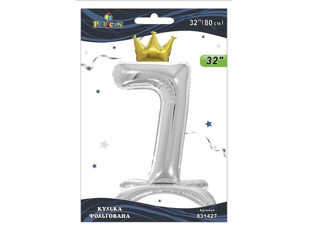 Кулька фольгована цифра 32 (80 см) з короною на підставці 7 срібло ТМ PELICAN, фото 1