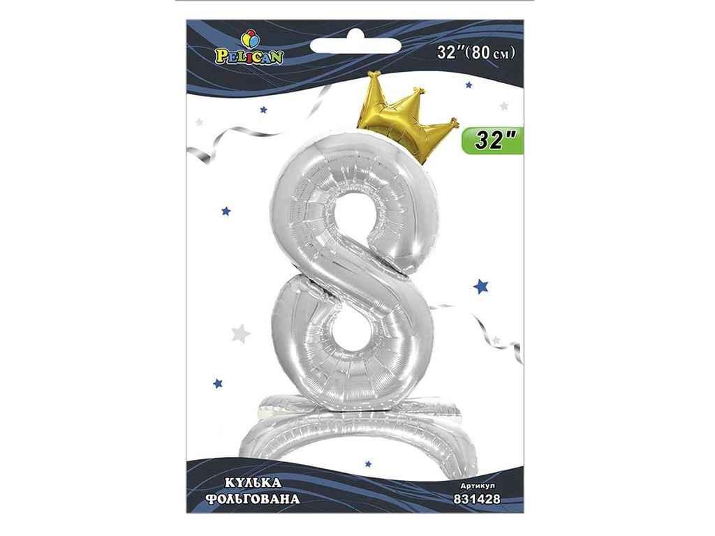 Кулька фольгована цифра 32 (80 см) з короною на підставці 8 срібло ТМ PELICAN, фото 1