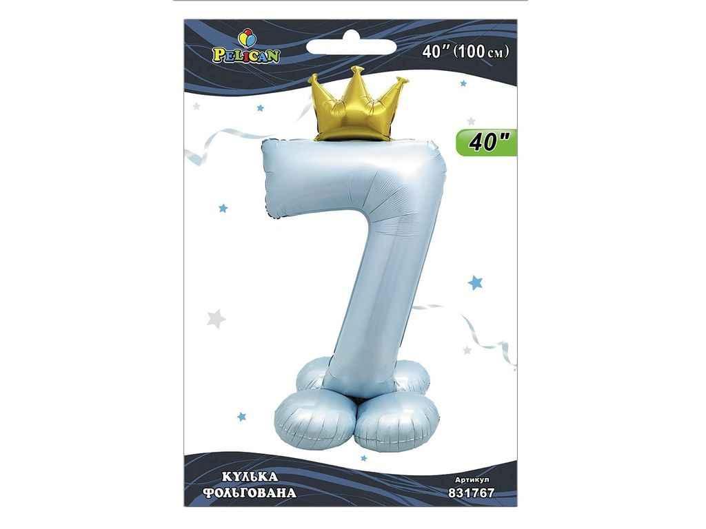 Кулька фольгована цифра 40 (100 см) з короною на підставці 7 блакитна ТМ PELICAN, фото 1